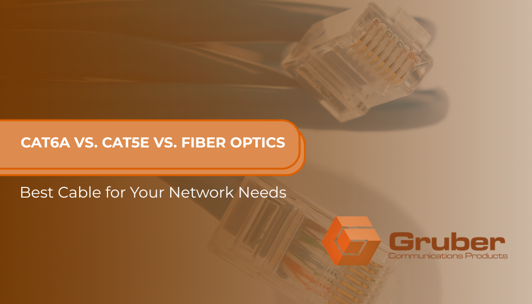 Custom-manufactured Ethernet cables including Cat6a, Cat5e, and Fiber Optics shown with text overlay "Best Cable for Your Network Needs" by Gruber Communications, a leading provider of in-house network cabling solutions.