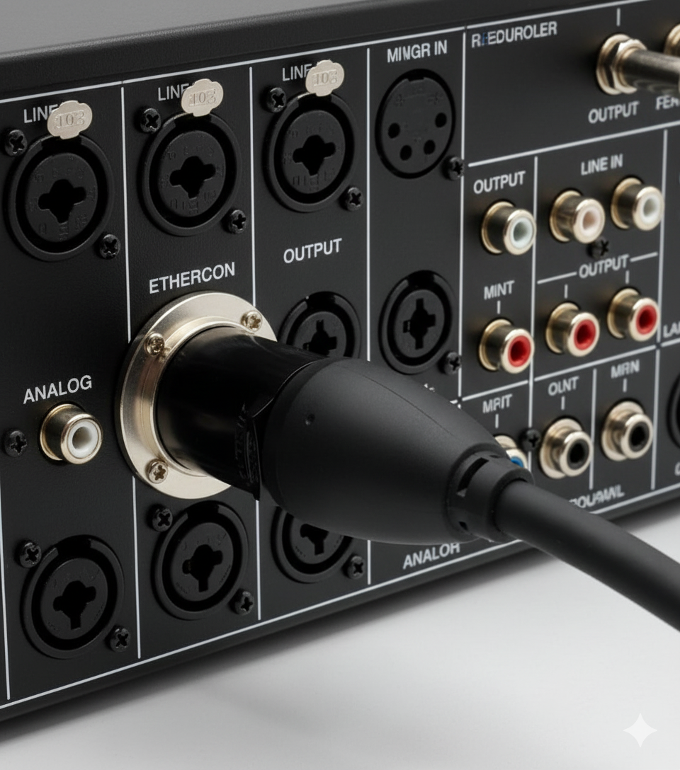 A close-up shot of a black Neutrik Ethercon cable assembly with a round connector head, plugged into the back of a professional audio/video production system. The surrounding connections on the system rack are visible.