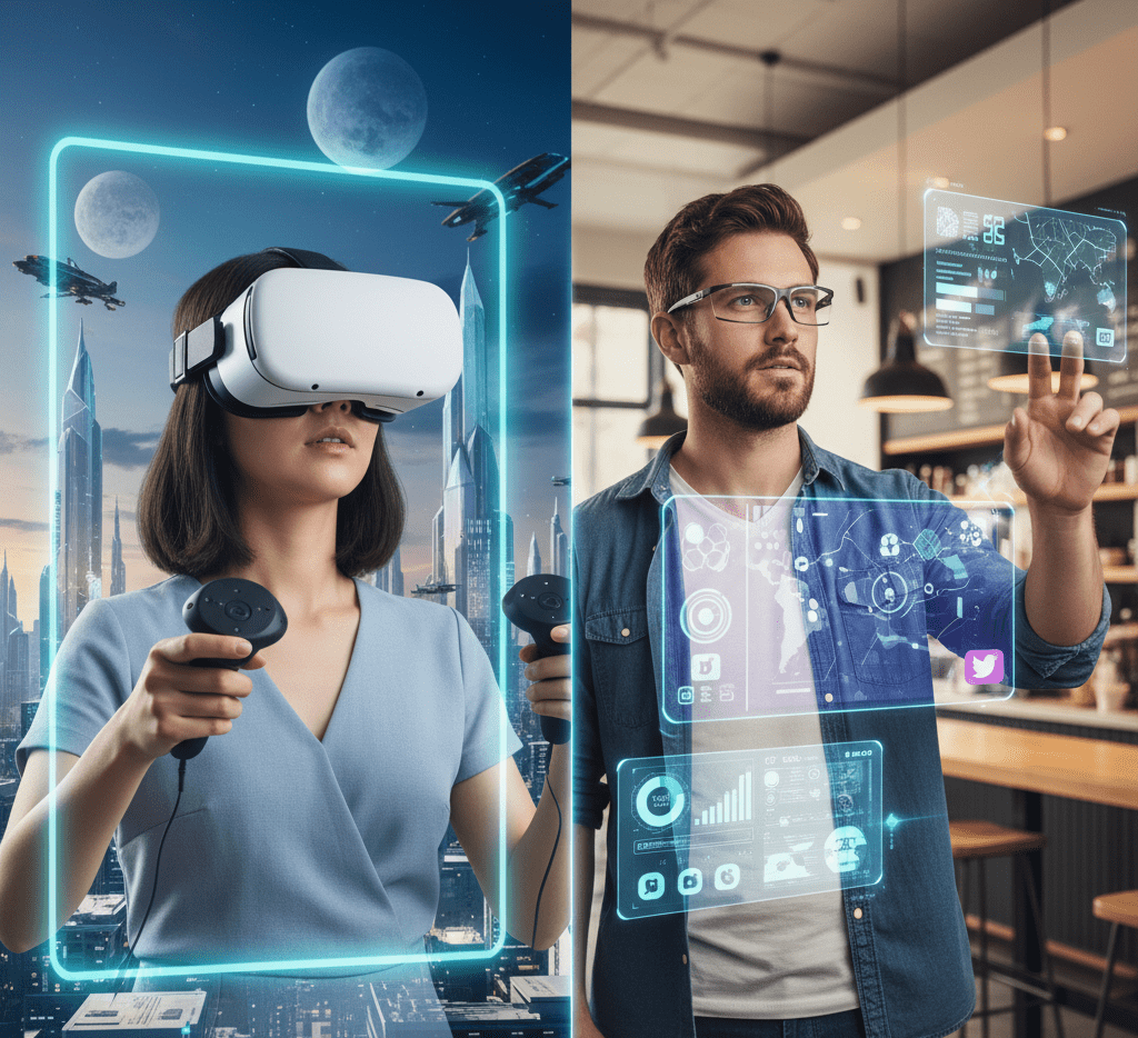 A split image. On the left, a woman wearing a white virtual reality headset and holding controllers is immersed in a futuristic cityscape under a celestial sky with two moons and flying vehicles. A neon blue outline frames her. On the right, a man with glasses and a denim shirt interacts with multiple holographic augmented reality interfaces floating in front of him in a modern cafe setting.