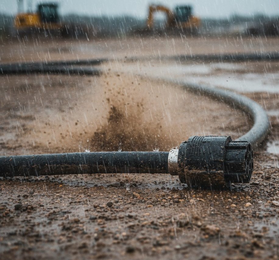 Heavy-duty IP65-rated industrial connector lying on wet muddy ground during rainfall, showing resistance to water and dust in harsh outdoor conditions