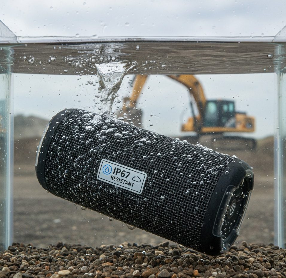 IP67-rated portable speaker fully submerged in water, demonstrating dust-tight and waterproof protection for use in rugged outdoor environments