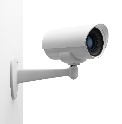 This image shows a security camera, which is a common low-voltage application. Security cameras typically operate on a low-voltage power source, such as 12V DC or 24V AC. They can also be powered and connected to the network using Power over Ethernet (PoE), which delivers both data and low-voltage power (up to 57V DC) over a single Ethernet cable.