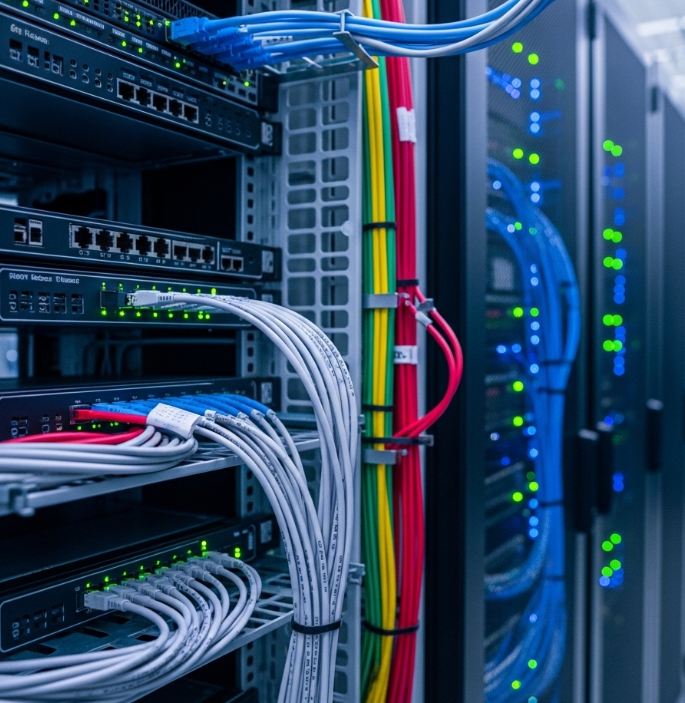 This image shows a data center server rack filled with various cables. The vast majority of these cables are low-voltage, including Ethernet cables (e.g., Cat5e, Cat6), which transmit data signals at very low voltages (typically 1-3V). These cables are the backbone of modern data and telecommunications networks.