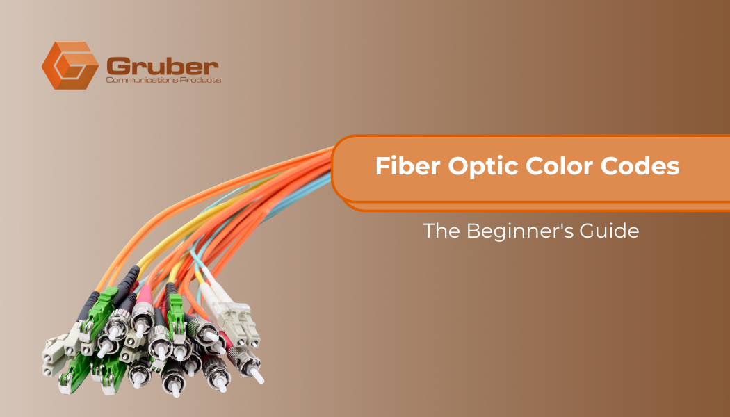 The Gruber Communications Products logo and several bundles of terminated fiber optic cables in various jacket and connector colors, with the text "Fiber Optic Color Codes - The Beginner's Guide.