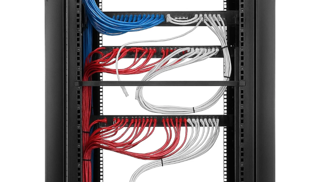 Close-up of a server rack showing organized cable management. Three rows of patch panels or network devices are connected by groups of structured cabling. The top row has blue cables on the left and white cables on the right. The middle and bottom rows are populated with red cables on the left and white cables on the right. Horizontal and vertical cable management systems within the rack neatly route and bundle the cables.