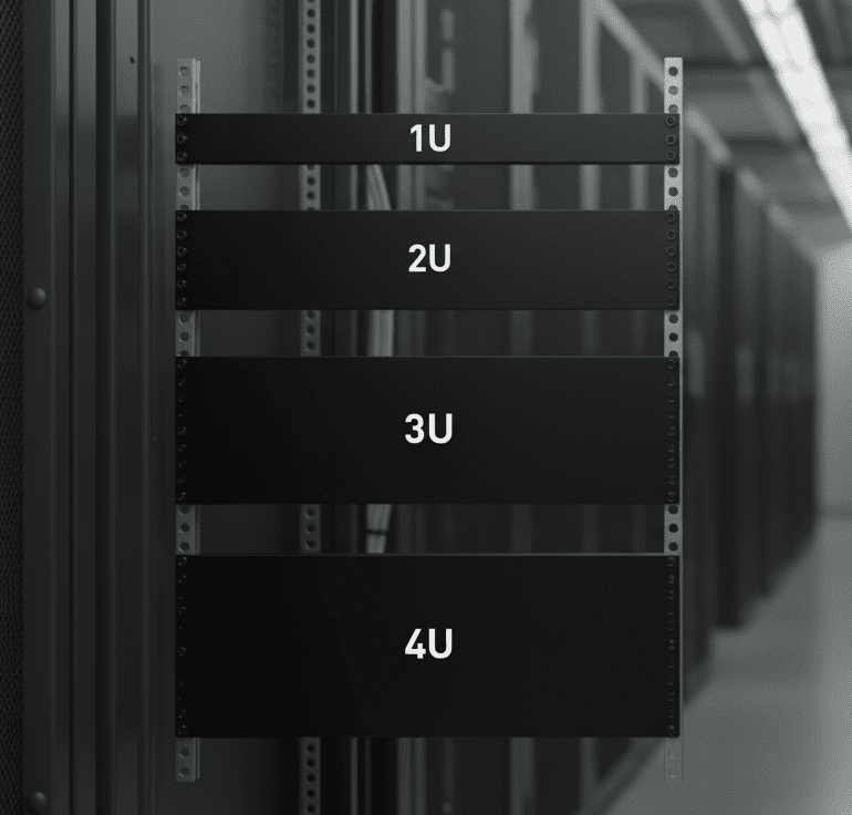 A graphic demonstrating various rack unit sizes in a data center aisle. On the left, four black panels are labeled from top to bottom as 1U, 2U, 3U, and 4U, showing increasing vertical size. On the right, two larger black panels are labeled 'Full-rack' and 'Half-rack'