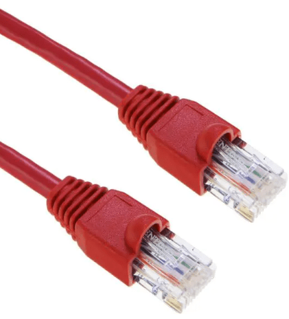 Close-up of the red booted RJ45 connector ends of a red Ethernet patch cable, specifically showing a snagless boot design where the protective boot shields the release clip. This cable assembly is characteristic of the quality products offered by Gruber Communication Products.