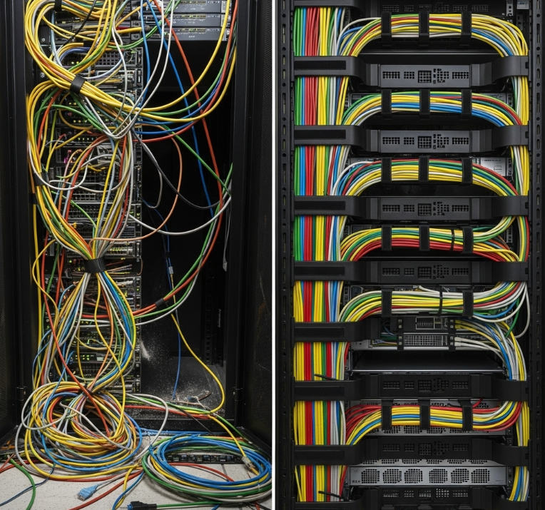 Side-by-side comparison of poor and excellent cable management in a server rack. The left image shows a "before" state with a large, chaotic mess of tangled, multi-colored cables overflowing onto the floor. The right image shows an "after" state with the same cables neatly routed, bundled by color, and secured horizontally across the rack using cable management arms and hook-and-loop straps. The organization in the "after" image significantly improves visibility and airflow.