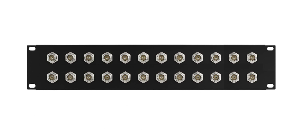A black 1U rackmount patch panel with 24 silver BNC coaxial connectors arranged in two rows of twelve, shown against a white background.