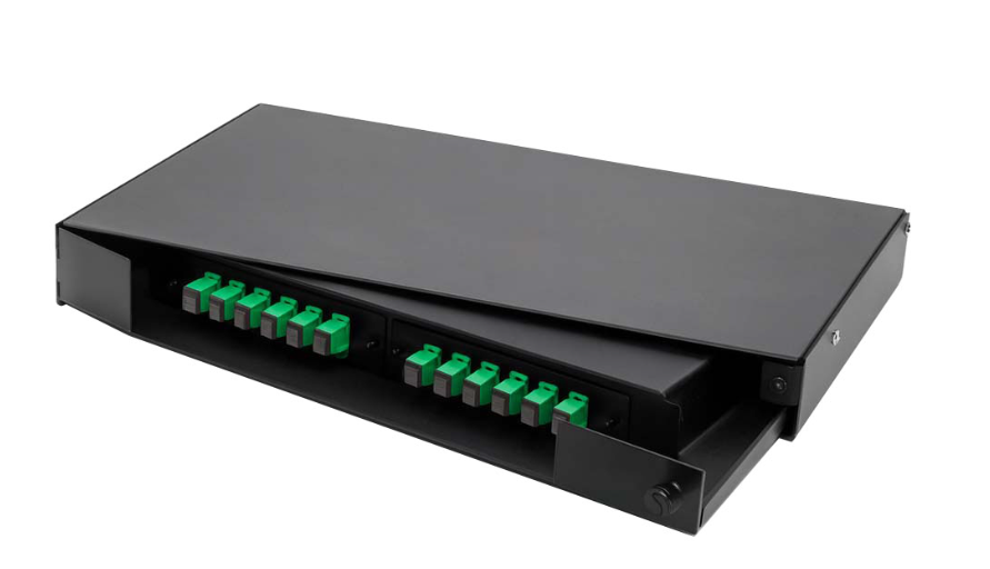 A black fiber optic splice and distribution enclosure, partially open to reveal two rows of green SC/APC adapters inside, set against a white background. Patch Panel.