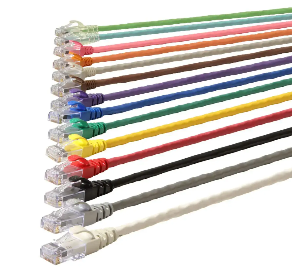 A fan of over a dozen multicolored Ethernet patch cables with clear RJ45 connectors, illustrating a variety of colors often used for cable management and identification, such as those supplied by Gruber Communication Products.