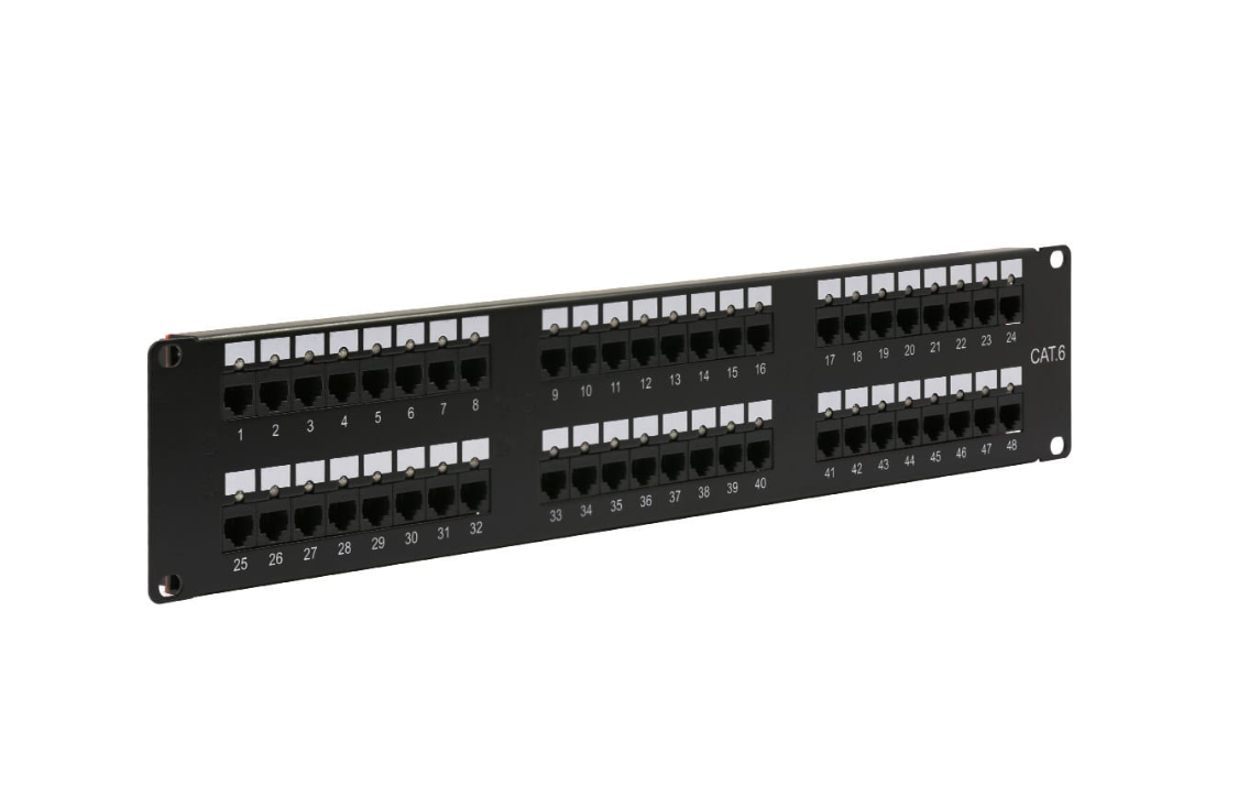 A black 48-port, 2U Cat6 unshielded patch panel with numbered ports from 1 to 48, set against a white background.
