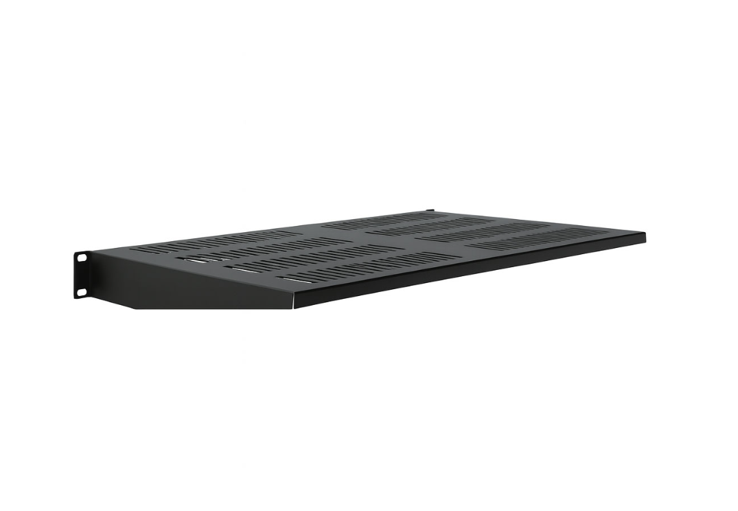 A high-angle product shot of a black powder-coated metal cantilever shelf with multiple rows of slotted ventilation holes on the surface, designed for equipment racks. The brand name 'Gruber' is printed in white on the lower right front.