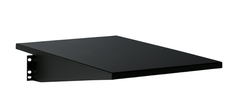 A high-angle view of a matte black, solid-surface metal cantilever shelf, featuring a mounting flange on the left side with three screw holes for attachment to 19-inch equipment rack rails.