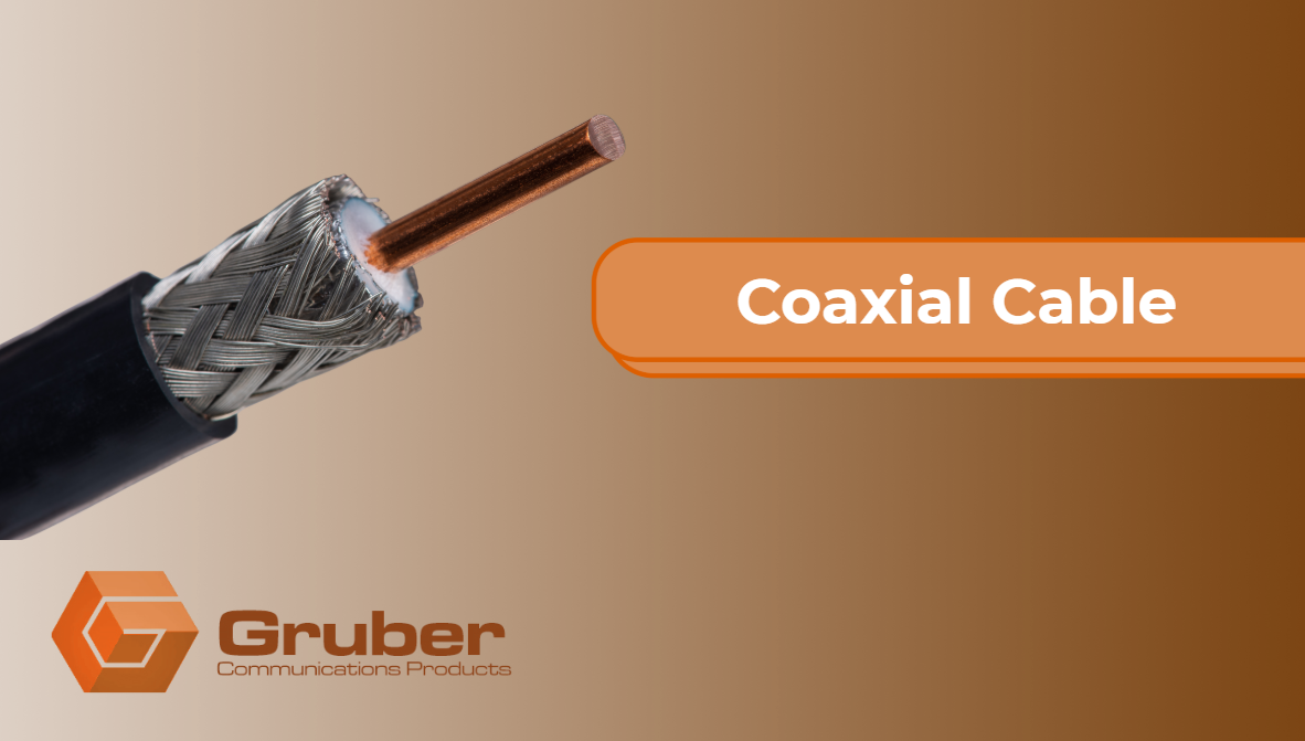 
This image shows a cutaway view of a coaxial cable, highlighting its inner components, with the text "Coaxial Cable" displayed prominently.

It also features the logo and name "Gruber Communications Products" in the lower left corner.