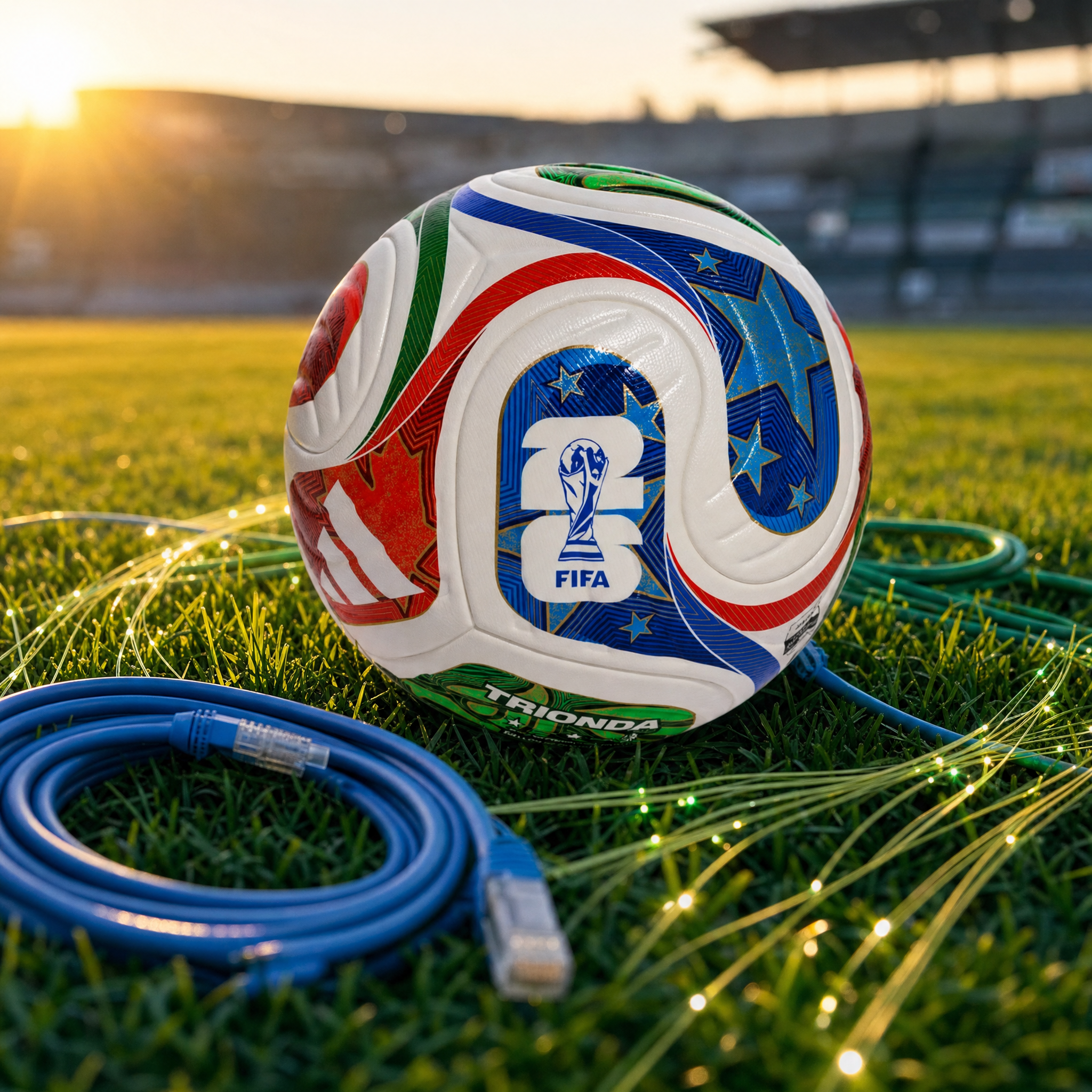 RIONDA FIFA World Cup 2026 official match ball resting on a lush green grass field at golden hour, surrounded by coiled ethernet cables and fiber optic strands weaving naturally through the grass, warm sunlight casting long shadows across the ball and cables, vibrant red, green, and blue panel colors glowing, shallow depth of field with a blurred stadium in the background, cinematic sports photography, ultra-high resolution, photorealistic